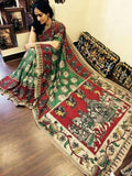 Flaunt Green and Red colored Kalamkari Linen Designer Printed Saree