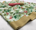 Flaunt Off White  Colored With Gold Border  Partywear Printed Pure Linen saree