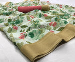 Flaunt Off White Colored With Gold Border Partywear Printed Pure Linen saree - Ibis Fab