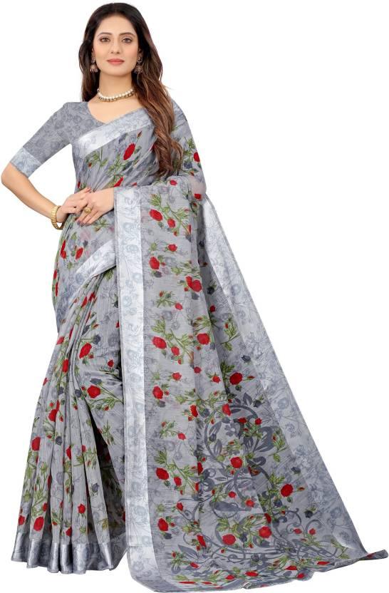 Floral Print Daily Wear Linen Saree - Ibis Fab