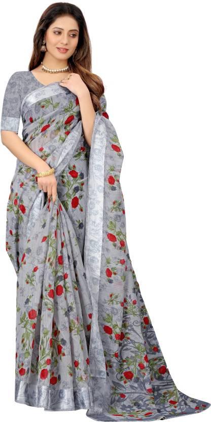 Floral Print Daily Wear Linen Saree - Ibis Fab