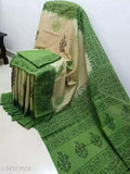 Forest Green Pure Linen Saree, Printed Saree