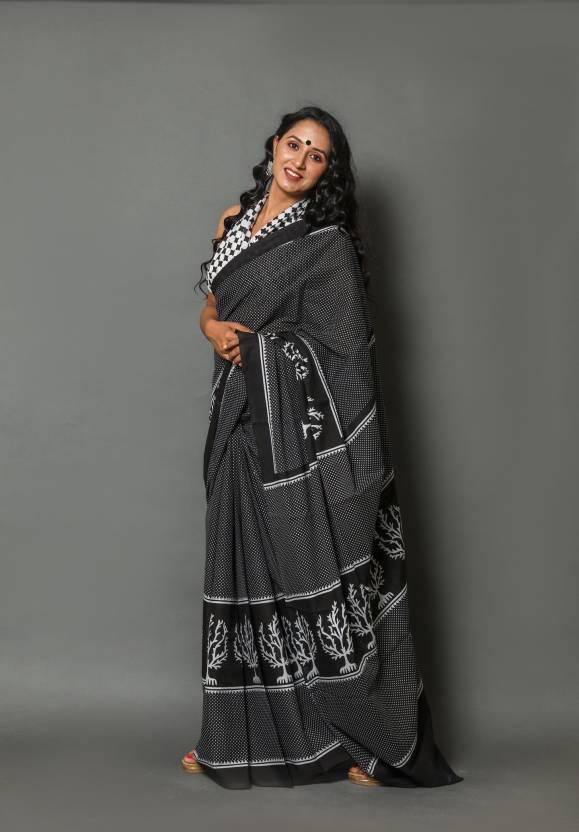 Geometric Printed Bolder, Black Pure Linen Saree - Ibis Fab