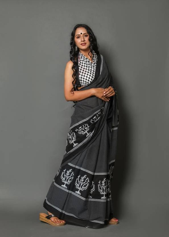 Geometric Printed Bolder, Black Pure Linen Saree