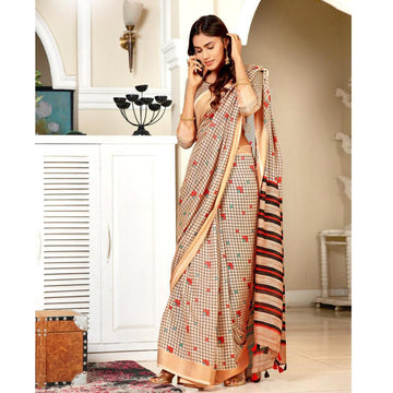 Gorgeous Beige Colour Printed Pure Linen Saree For Women - Ibis Fab