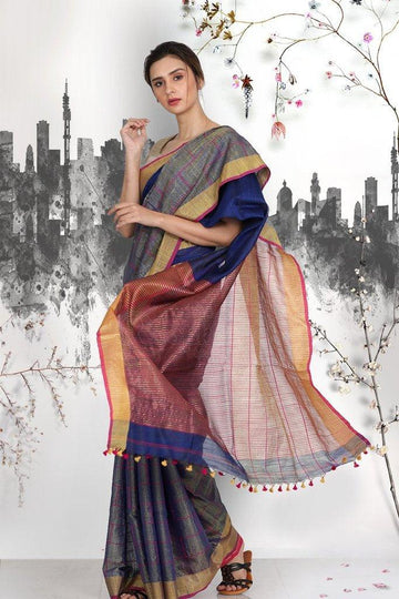 Gorgeous Dark blue Pure Linen Designer Saree