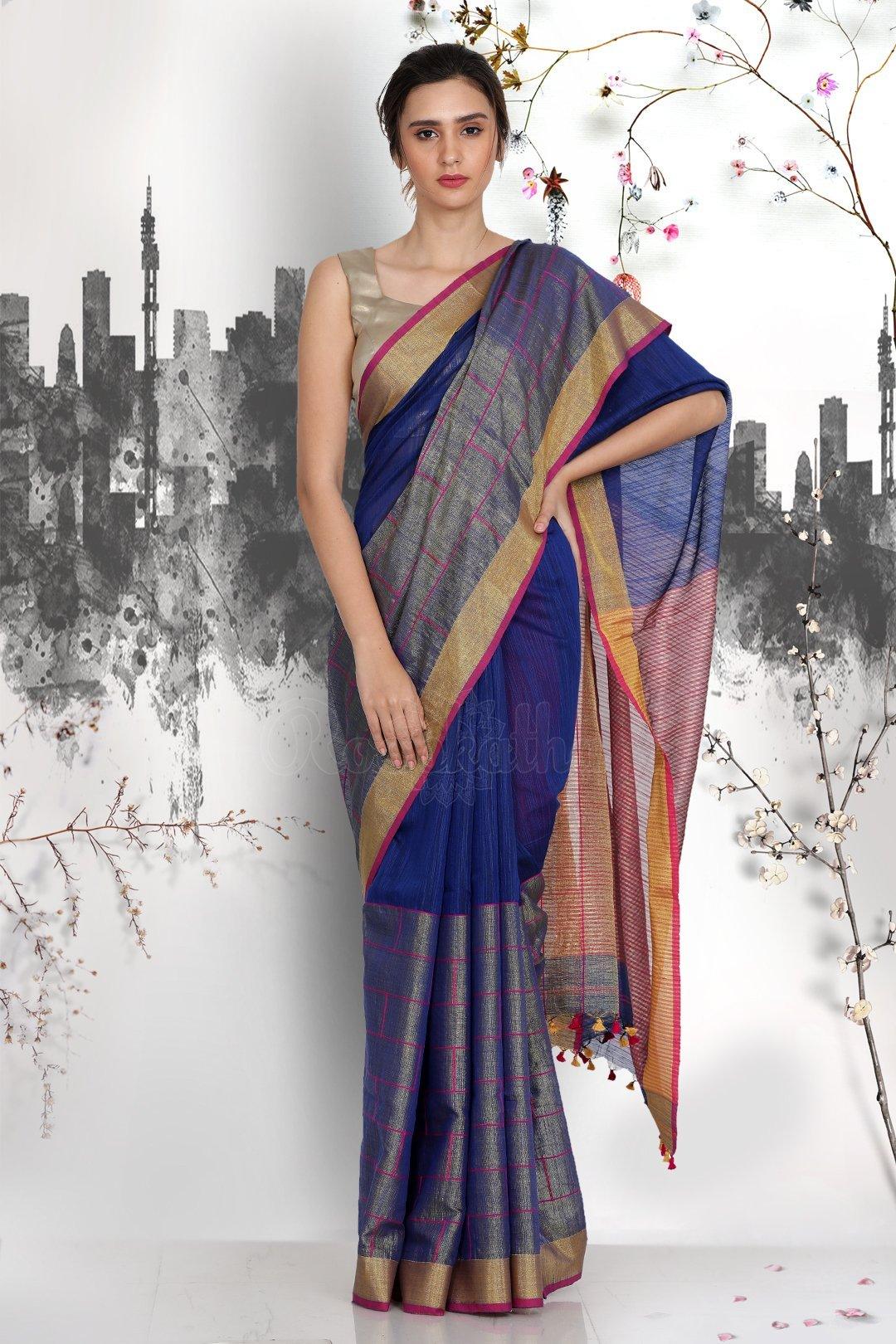 Gorgeous Dark blue Pure Linen Designer Saree - Ibis Fab