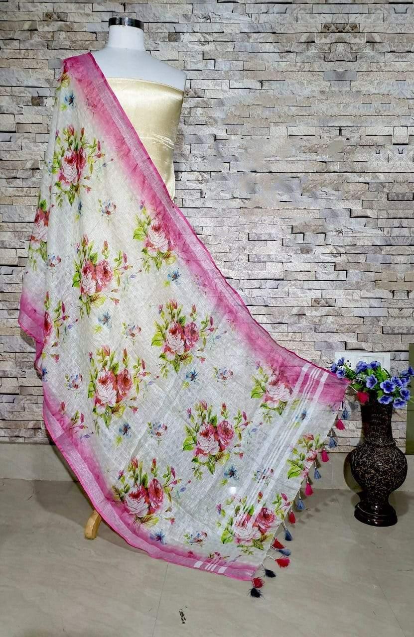 Gorgeous Pink and white Base Digital Linen Dupatta - Ibis Fab