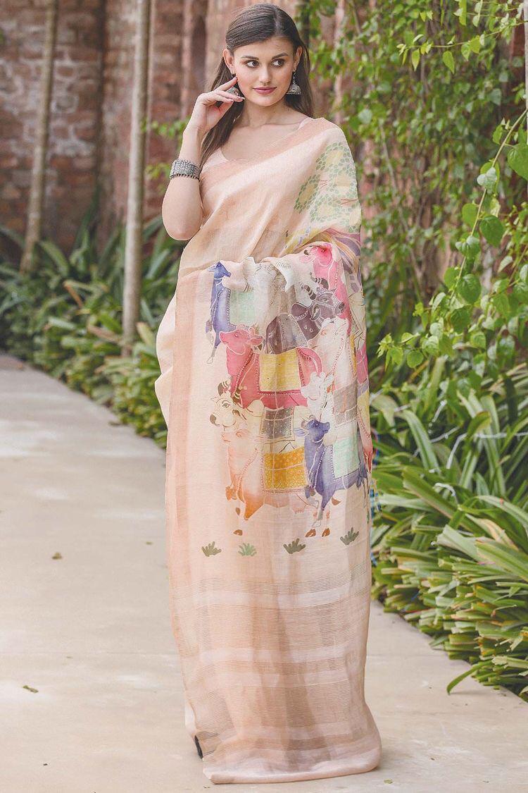 Gorgeous rose gold Colored Festive Wear Pure Linen Designer Saree - Ibis Fab