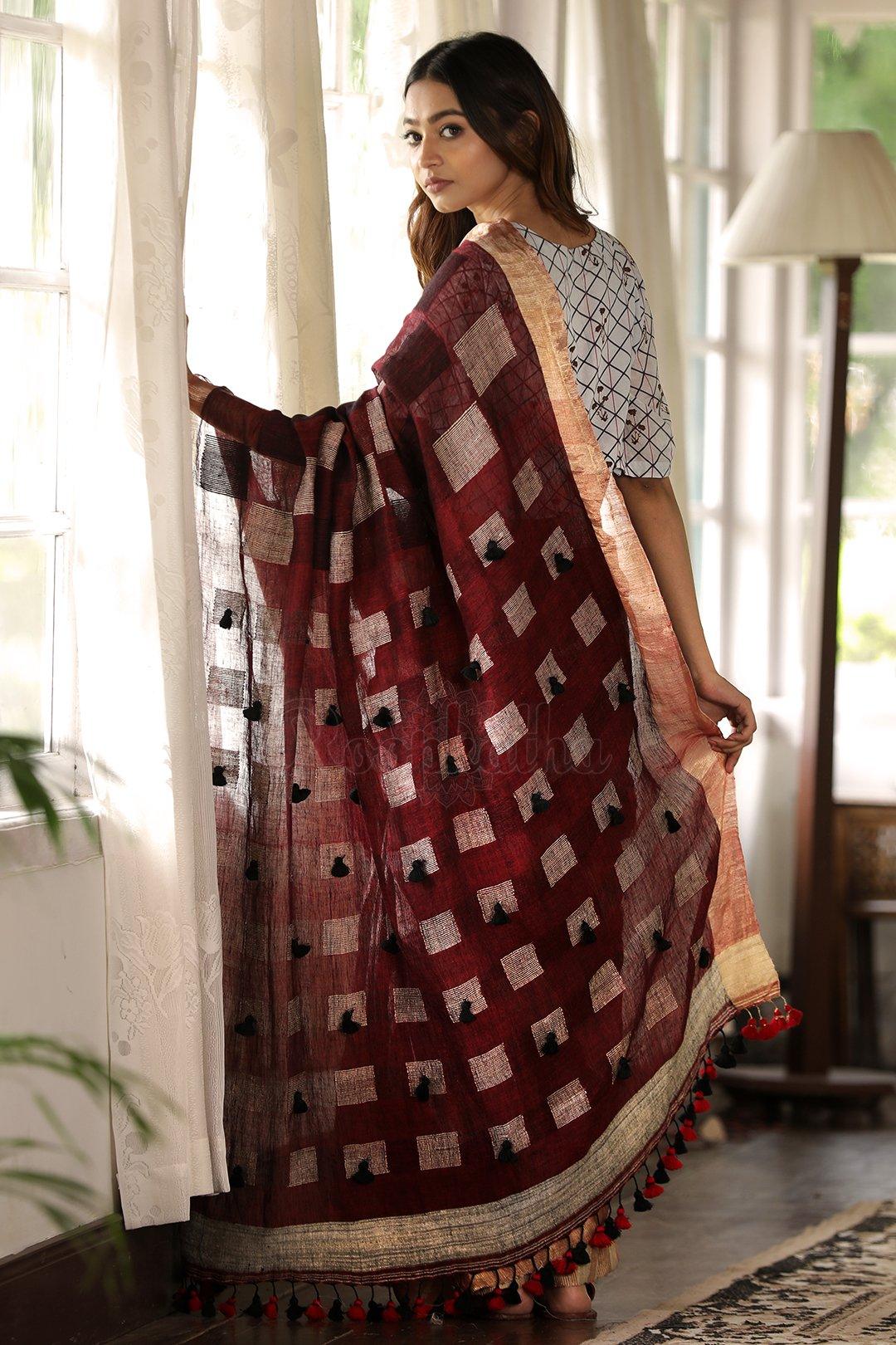 Graceful Brown And Red Pure Linen Designer Saree - Ibis Fab