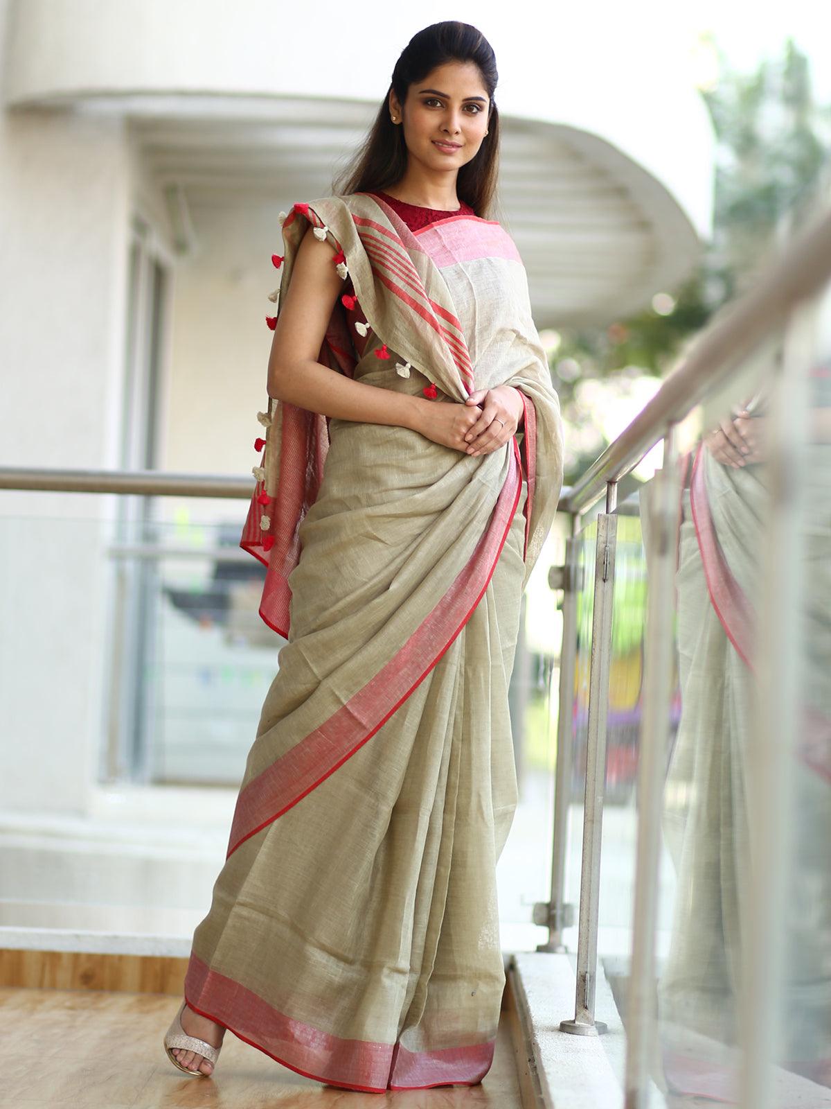 Graceful mint Premium Linen Saree - Ibis Fab