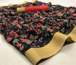 Hypnotic Black Colored With Gold Border Partywear Printed Pure Linen saree - Ibis Fab
