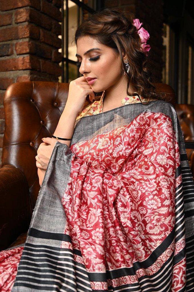 Hypnotic Women's Red And Grey Colour Pure Linen Saree With Blouse Piece - Ibis Fab