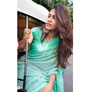 Ideal Mint Colour Printed  Pure Linen Saree For Women