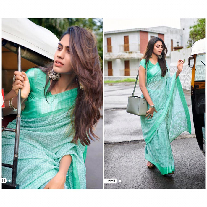 Ideal Mint Colour Printed  Pure Linen Saree For Women
