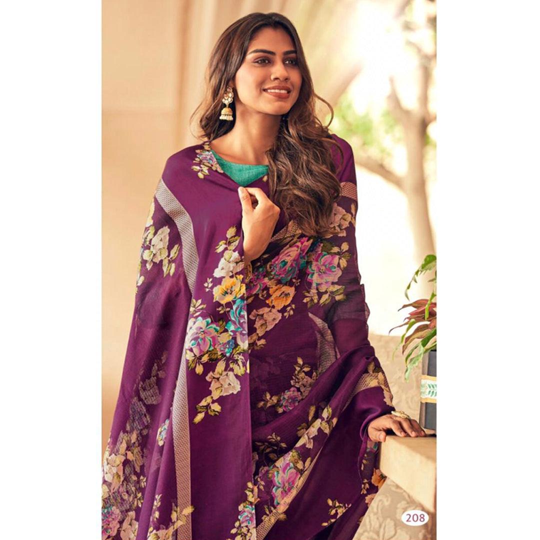 Ideal Violet Colour Printed Pure Linen Saree For Women - Ibis Fab