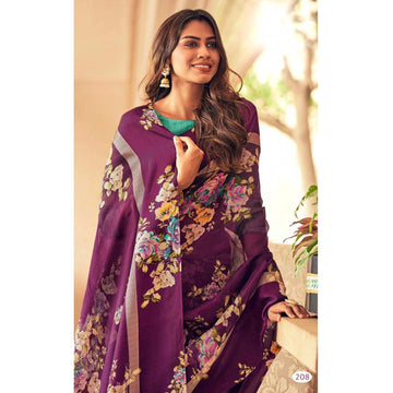 Ideal Violet Colour Printed Pure Linen Saree For Women