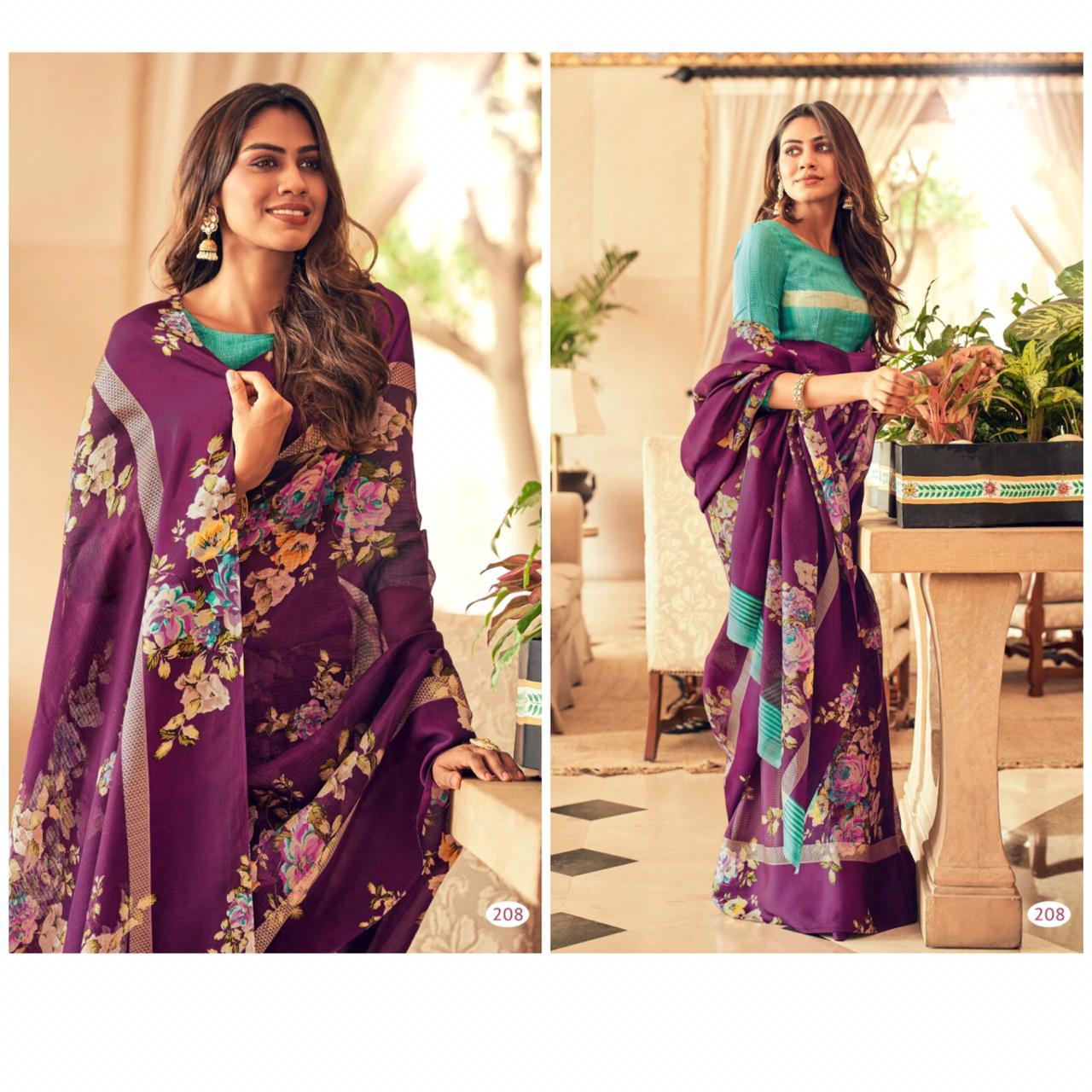 Ideal Violet Colour Printed Pure Linen Saree For Women - Ibis Fab