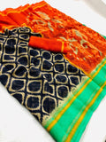 Imposing Pure Linen Dark Blue And Orange Colored Casual Printed Saree