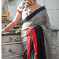 Impressive Black And Grey Colored Festive Wear Pure Linen Designer Saree