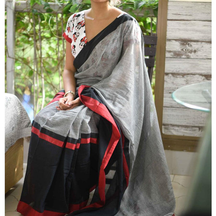Impressive Black And Grey Colored Festive Wear Pure Linen Designer Saree