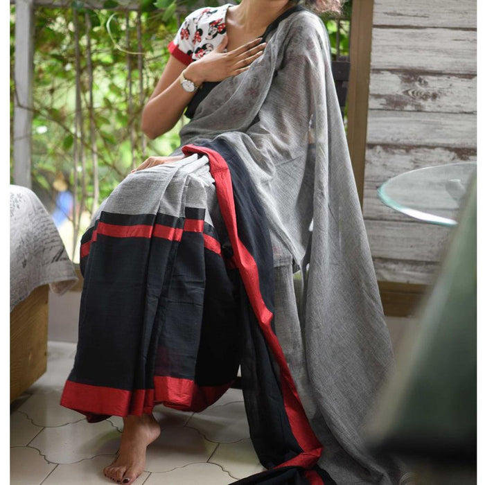 Impressive Black And Grey Colored Festive Wear Pure Linen Designer Saree