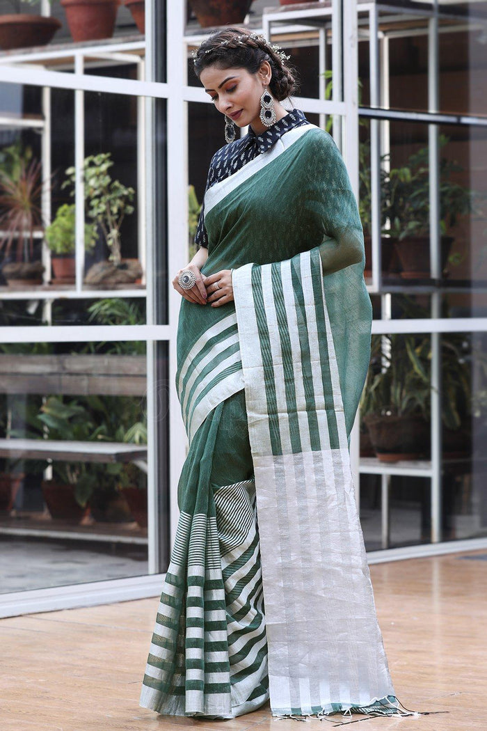 Impressive Green And White Colored  Festive Wear Printed  Pure Linen Saree