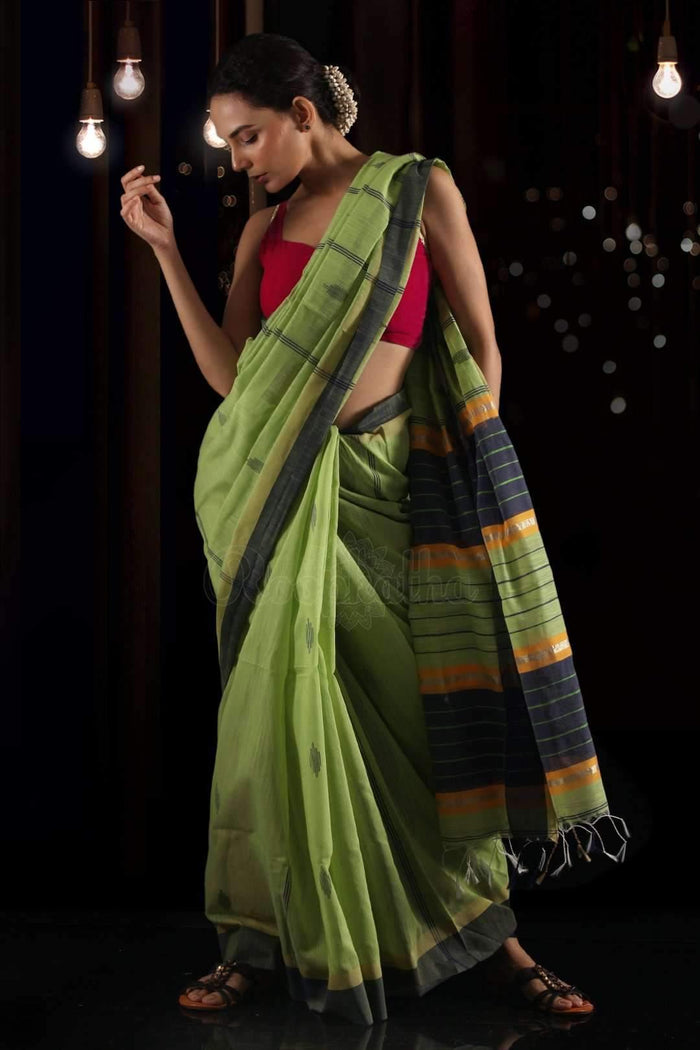 Impressive Parrot Green Colored  Festive Wear Printed  Pure Linen Saree