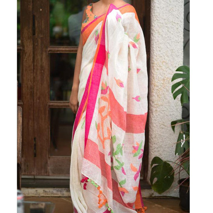 Impressive White And Orange Colored Festive Wear Pure Linen Designer Saree