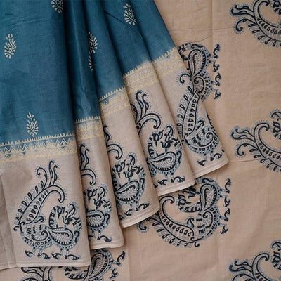 Innovative Cream & Blue Colored Festive Printed Pure Linen Saree - Ibis Fab