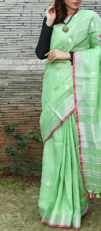 Intricate Light Green Colored Festive Wear Linen Saree