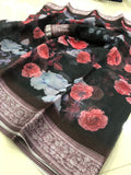 Intricate Pure Linen Black And Pink Colored Casual Printed Saree