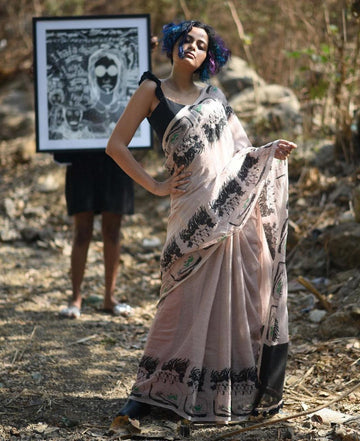 Intricate Rose Gold & Black Pure Linen Designer Saree