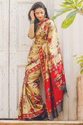 Latest Light Beige colored Linen Designer Printed Saree