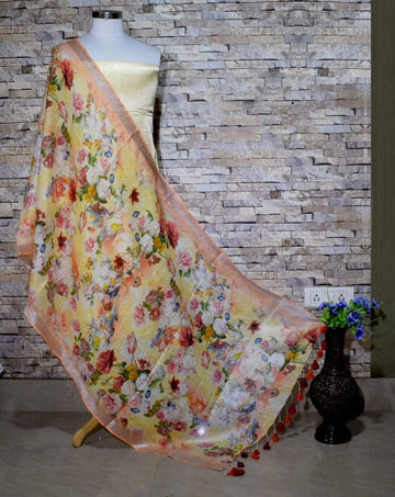 Light Peach Floral Design Digital Linen Dupatta