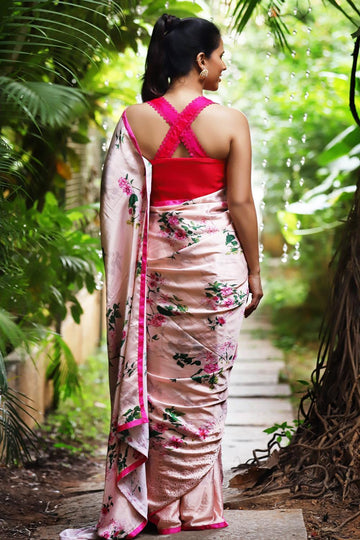 Light Pink Linen Designer Printed Saree