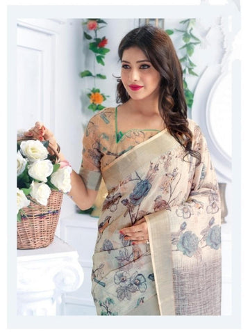 Linen cotton beige saree, party wear