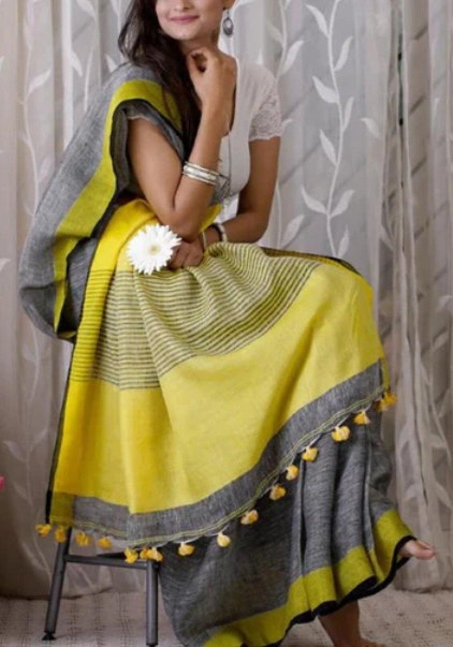 Linen cotton saree in grey designer wear - Ibis Fab