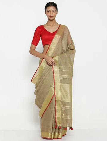 Linen cotton saree in Tan , dazzling designer wear