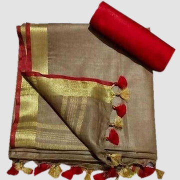 Linen cotton saree in Tan , dazzling designer wear