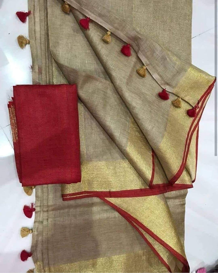 Linen cotton saree in Tan , dazzling designer wear