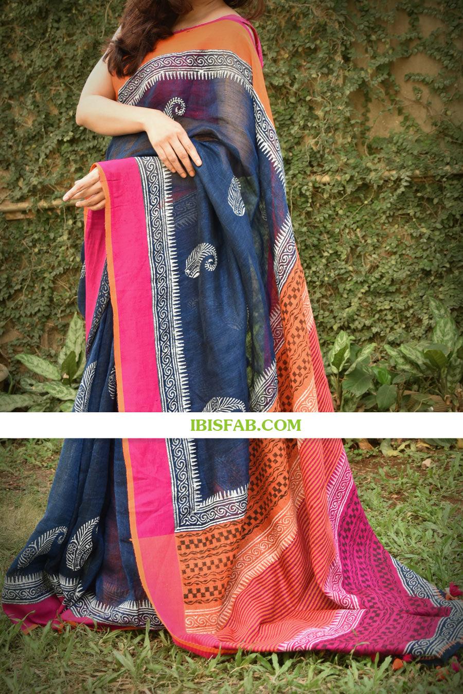 Linen saree in beautiful Night Blue, designer wear - Ibis Fab