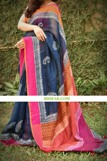 Linen saree in beautiful Night Blue, designer wear