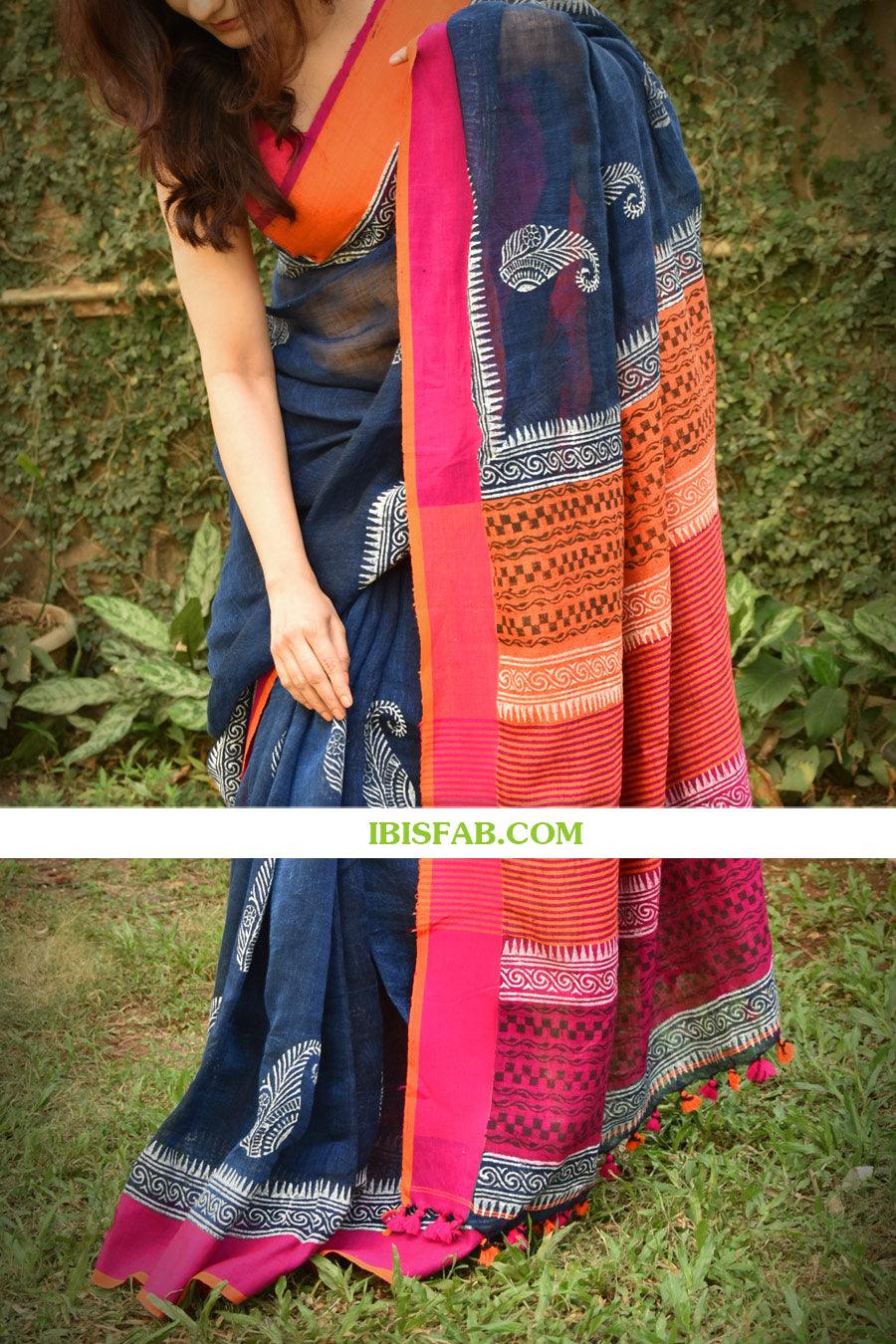 Linen saree in beautiful Night Blue, designer wear - Ibis Fab