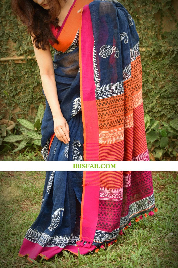 Linen saree in beautiful Night Blue, designer wear