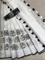 Linen saree in white radiant festive wear - Ibis Fab
