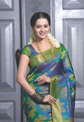 Linen saree Kalamkari printed blue and green color