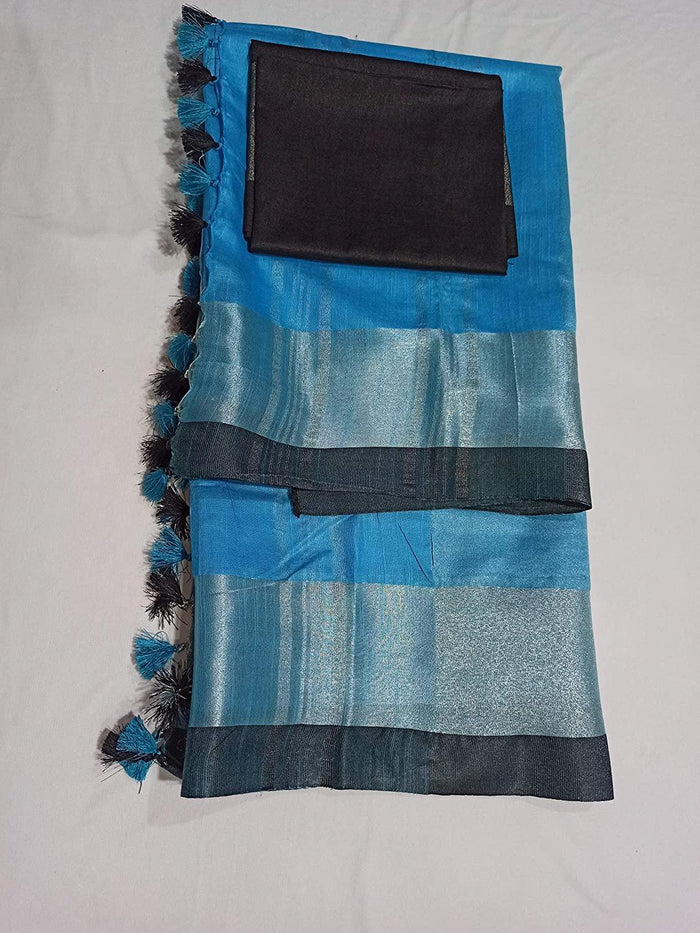 Linen saree  light blue  and black, shining printed wear