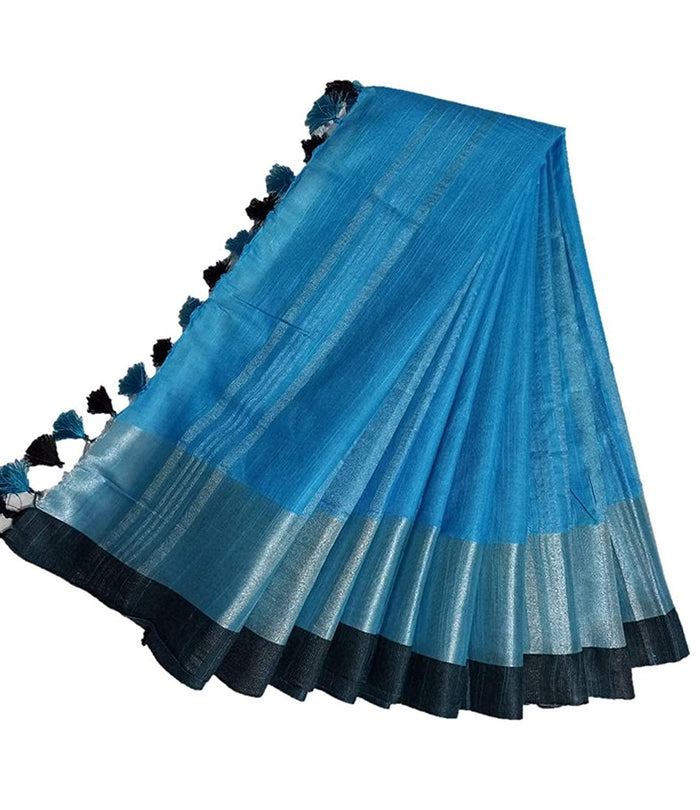 Linen saree  light blue  and black, shining printed wear