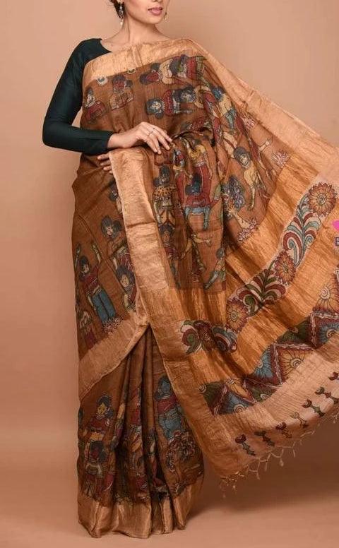 Lovely Green And Brown Colored Festive Wear Linen Saree